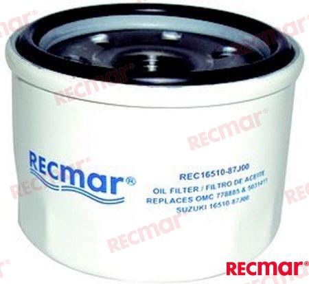 Oil filter OEM: Mercruiser: 35-8M0154775; OMC: 0778885, 5031411, 778885; Suzuki: 16510-87J00, 16510-87J01, 16510-87J01-000, 16510-87J02
