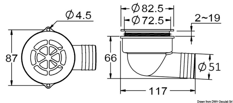 90° cockpit drain with w/check valve ø 2"