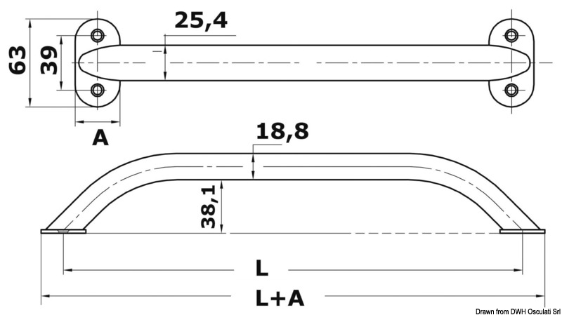 Oval pipe handrail AISI316 19x25 mm 600 mm