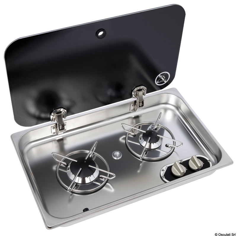 SS hob unit w/tinted glass cover 2 burners recess 119 mm