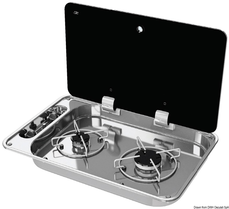 2-burner hob w/tinted glass cover 530x340 mm