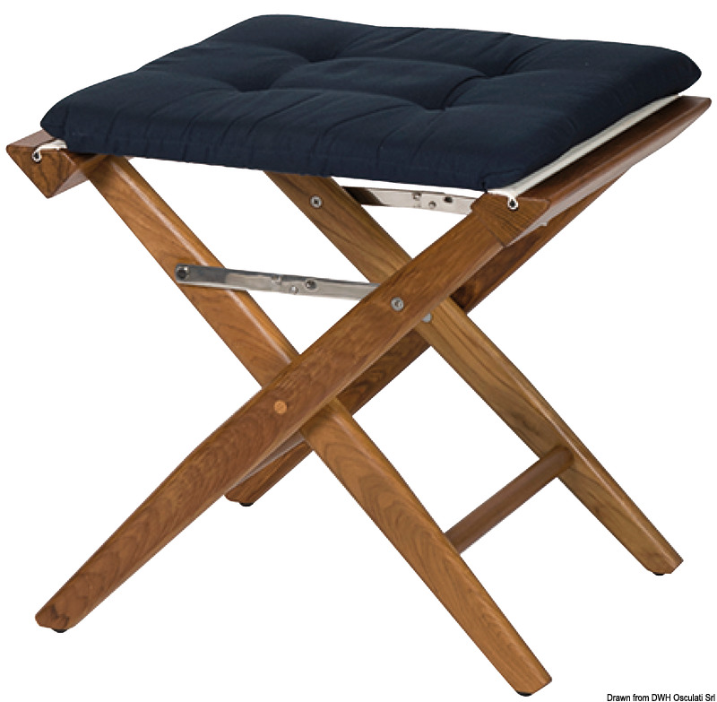 Teak folding chair blue padded fabric brass