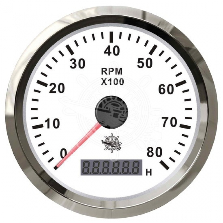 Tahometrs 0-8000 RPM balts/hroms (Ar stundu skaitītāju 12/24V)