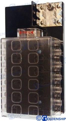 Combined fuse panel with 12 positions, 12V -36V, max. to one contact 25a, total 100a