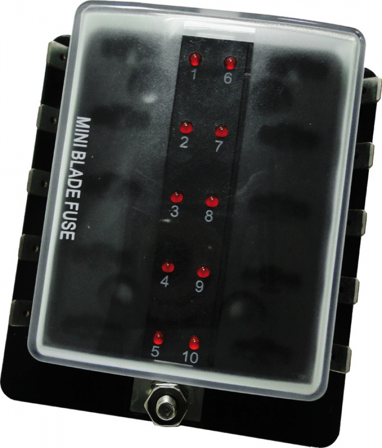 Drošinātāju kaste ar 10 drošinātajiem un LED indikatoriem 12/24V Max 25A, Kopā 100A
