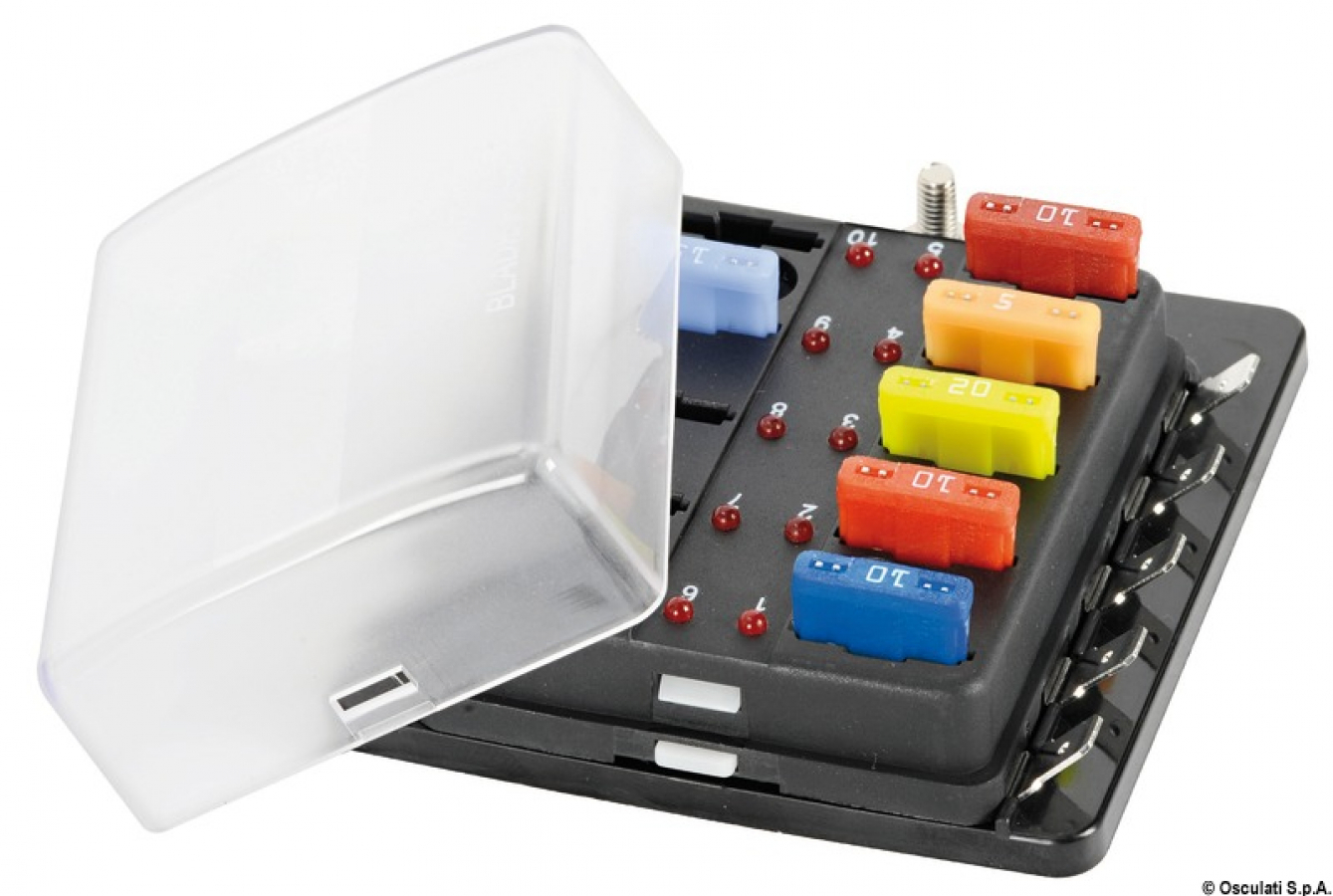 Fuse holder box with warning lights 10 housings Max 100A 95x85x36mm