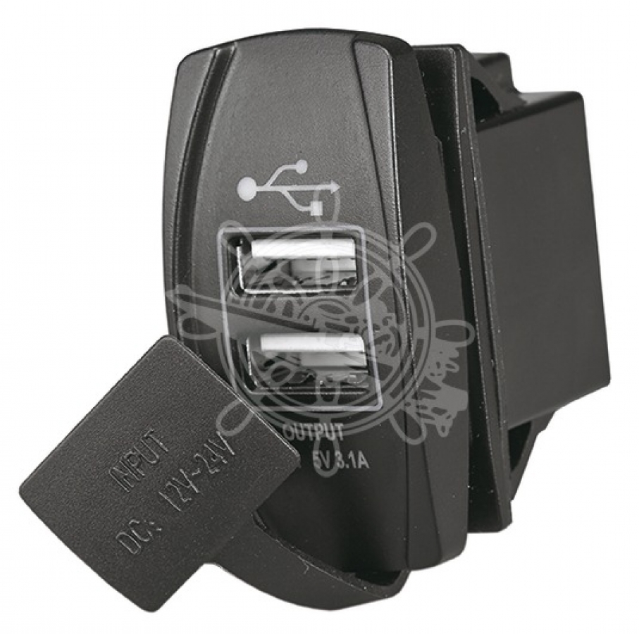 Двойная USB розетка. Вход 12/24 В, выход  5V USB-A 2,1 А + 1,0 А