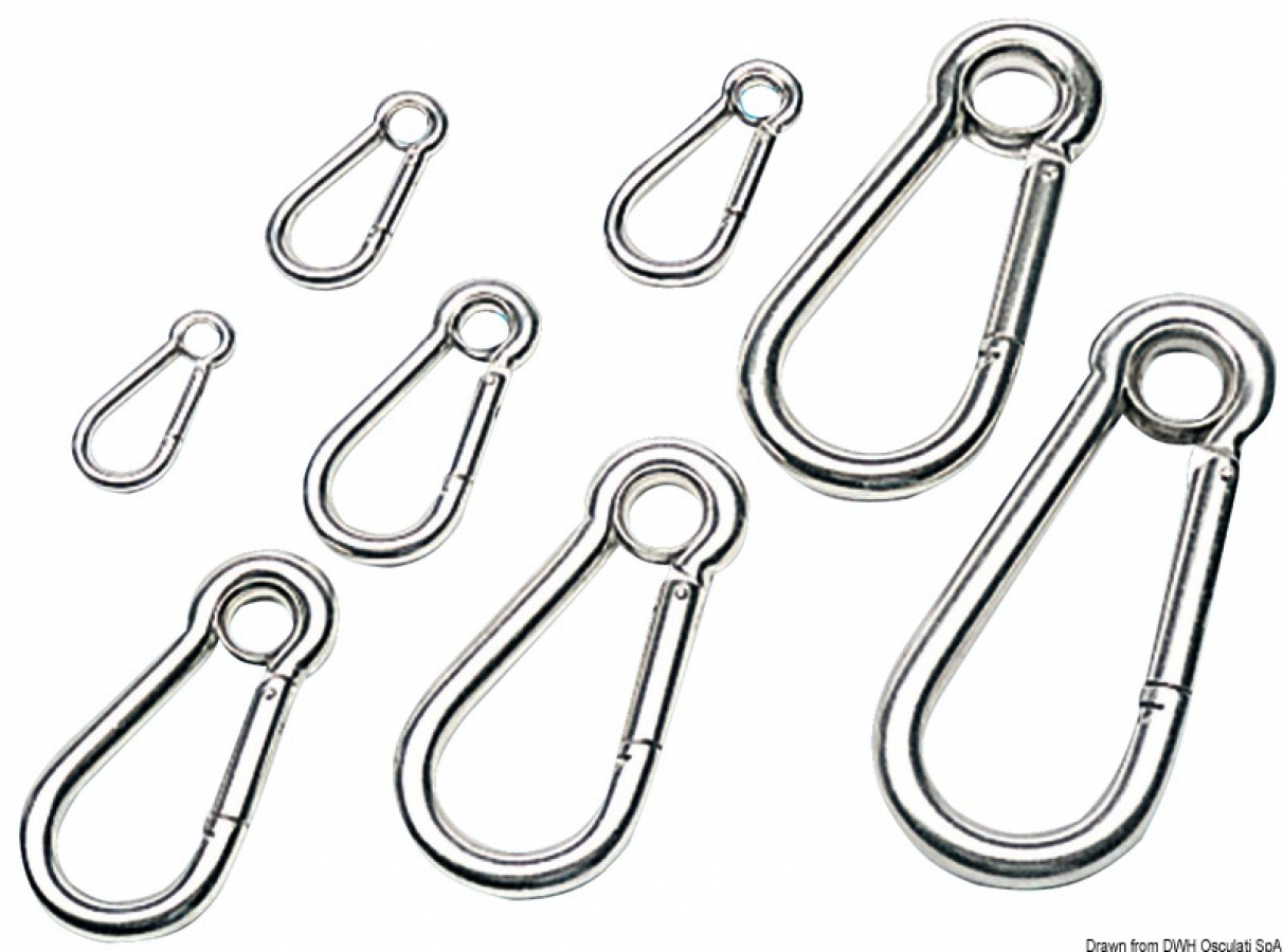 Carabiner hook polished 4mm AISI 316 w. eye A5mm A1-6mm L40mm D4mm E7mm