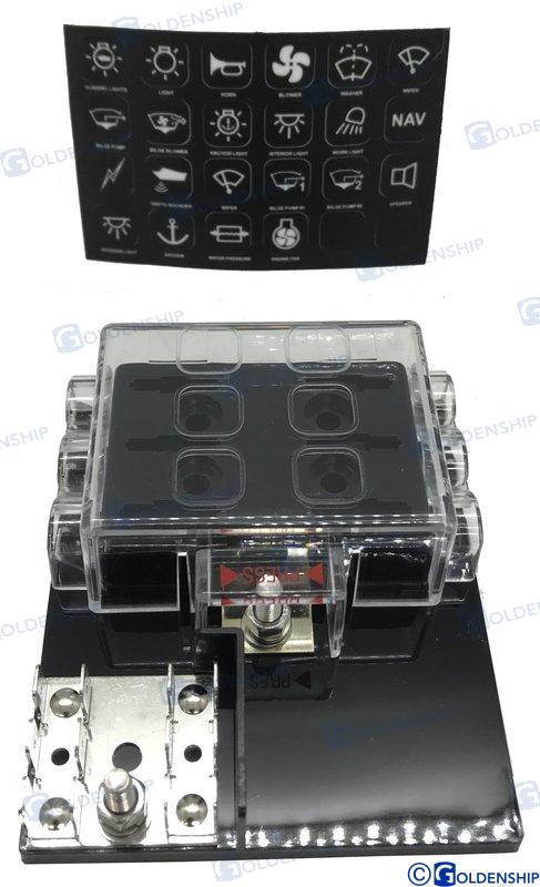 Combined fuse panel with 6 sockets, 12V -36V, max. to one contact 25a, total 100a