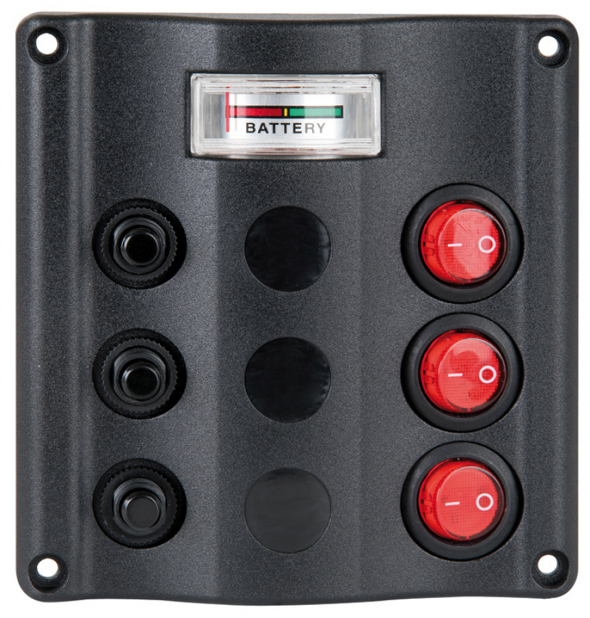 Wave electric control panel 3 switches , 12V voltmeter and fuses 4Ax1 + 6Ax1 + 8Ax1 110x100mm IP54