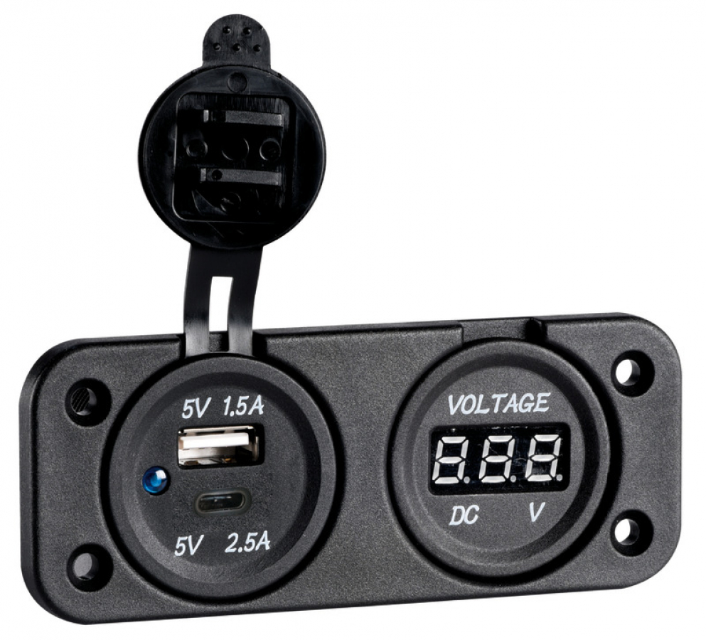 Socket + voltmeter 8-32V USB A 1.5A + USB C 2.5A