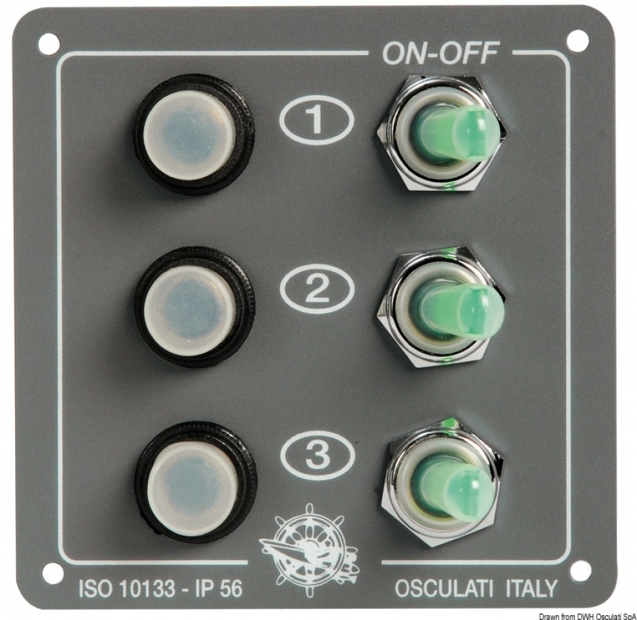 Control panel w. 3 resettable switches 90x90mm  2x10A 1x15A