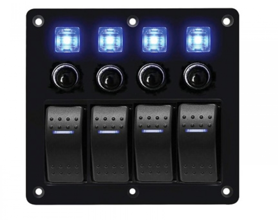 Switch panel 3xON-OFF + 1xON(MOM)-OFF blue LED IP65 130x120mm 12-24V 10A with automatic fuses