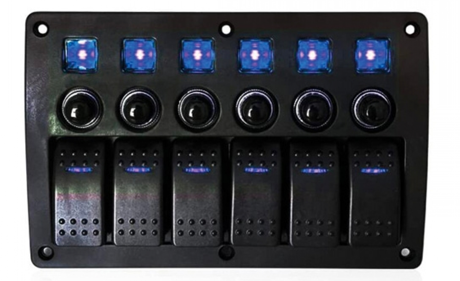 Switch panel 5xON-OFF + 1xON(MOM)-OFF blue LED IP65 183x120mm 12-24V 10A with automatic fuses