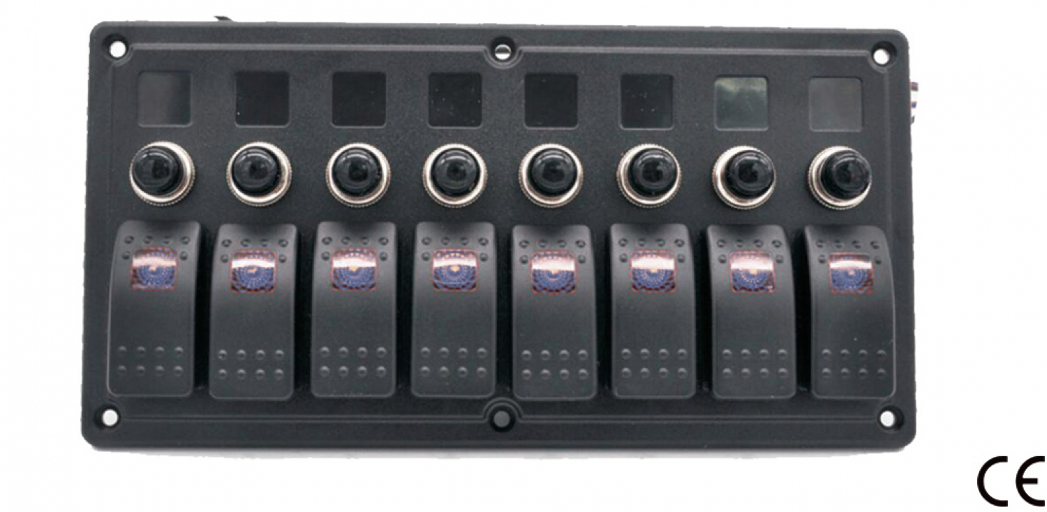 Switch panel 8 pos, blue IP65 235x120mm 12-24V 10A 7-OFF-ON + 1-OFF(ON)