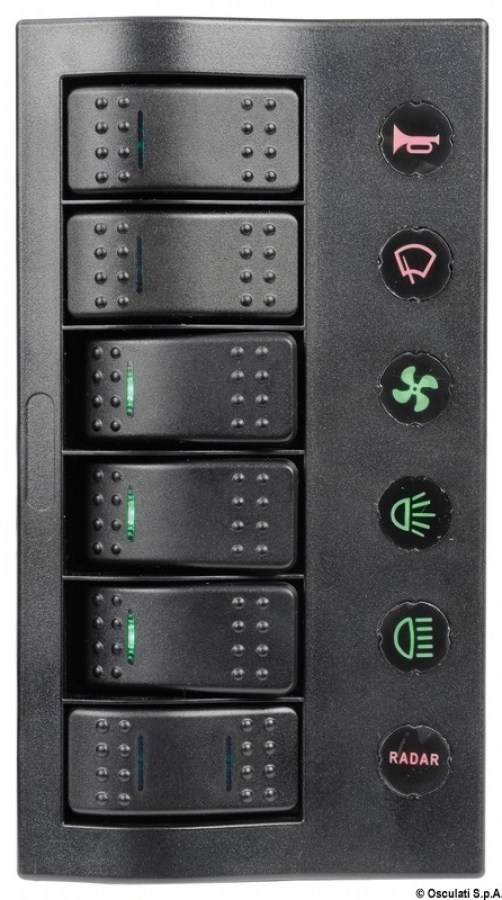 Compact electric panel switches  5 On -Off, 1 (ON)-OFF. LED light 183x100mm With automatic fuses - 2x5A, 2x10A; 2x15A