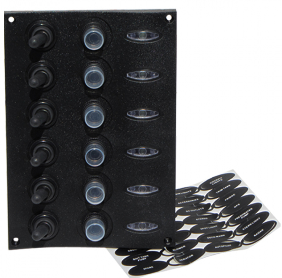 ELECTRIC 6 SWITCH PANEL WITH LED  Automatic fuses 5 x 15A + 1 x 5A 12V 150x105mm