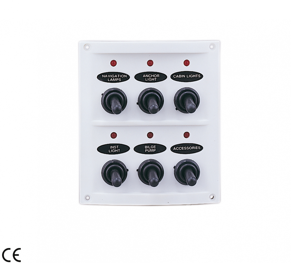 Electric  6 SWITCH PANEL WITH LED LIGHTS IP65. Fuses 3 x 15 A 12V 125,5 x 109,4 mm