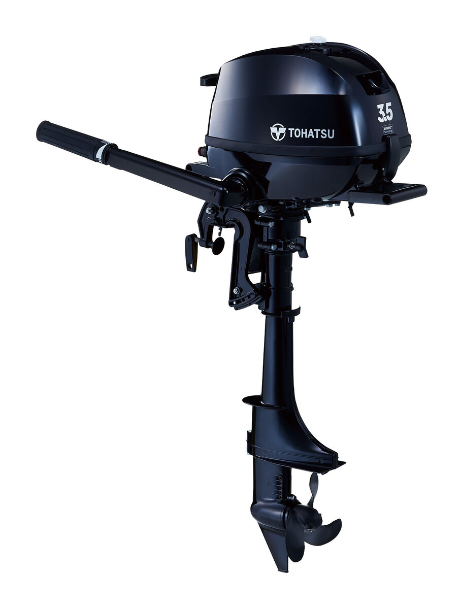 Engine Tohatsu 3.5 HP MFS3.5CS 4-stroke - manual start, handle control, S-short leg, built-in fuel tank.