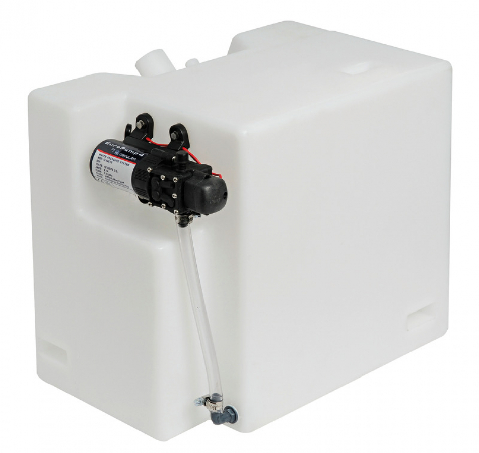 water tank 49 l with water pump 3.8 l/min - 12 V Filling Ø 38 mm Outlet Ø10mm Dimensions 600x260x340mm