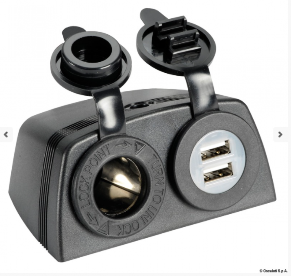Lighter socket + double USB-A with casing. Input 12V , Output 5V 2,1A