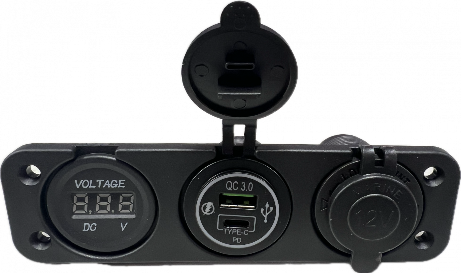 Вольтметр 8-32В + розетка 12В + розетка USB тип A  QC3+ тип C